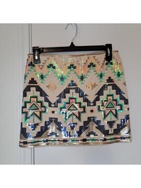 Express Aztec Pattern Sequin Stretch Large Skirt Aurora Boho Bodycon Size XS/TP